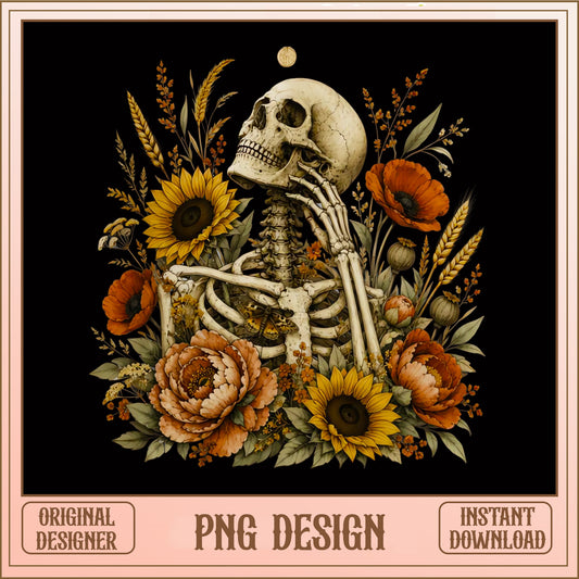 Floral Skeleton PNG, Boho Skull Sunflower Design, Halloween PNG