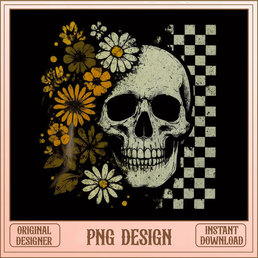 Floral Skull Checkered PNG, Retro Groovy Skull PNG, Halloween PNG