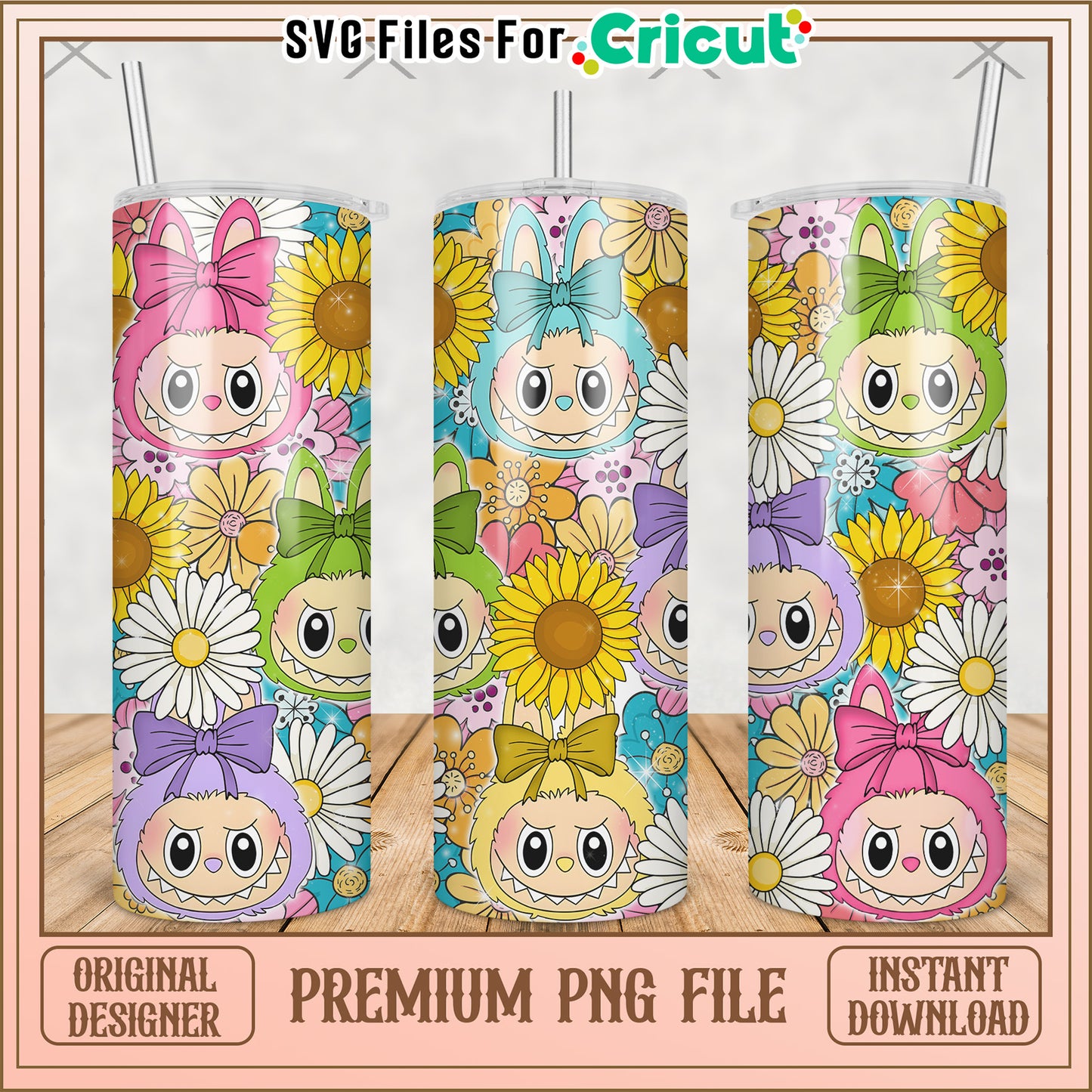 Flowers labubu tumbler png, labubu macaron​ png, the monsters labubu​ png