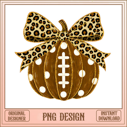 Football Pumpkin Leopard Bow PNG, Halloween Football PNG, Fall PNG