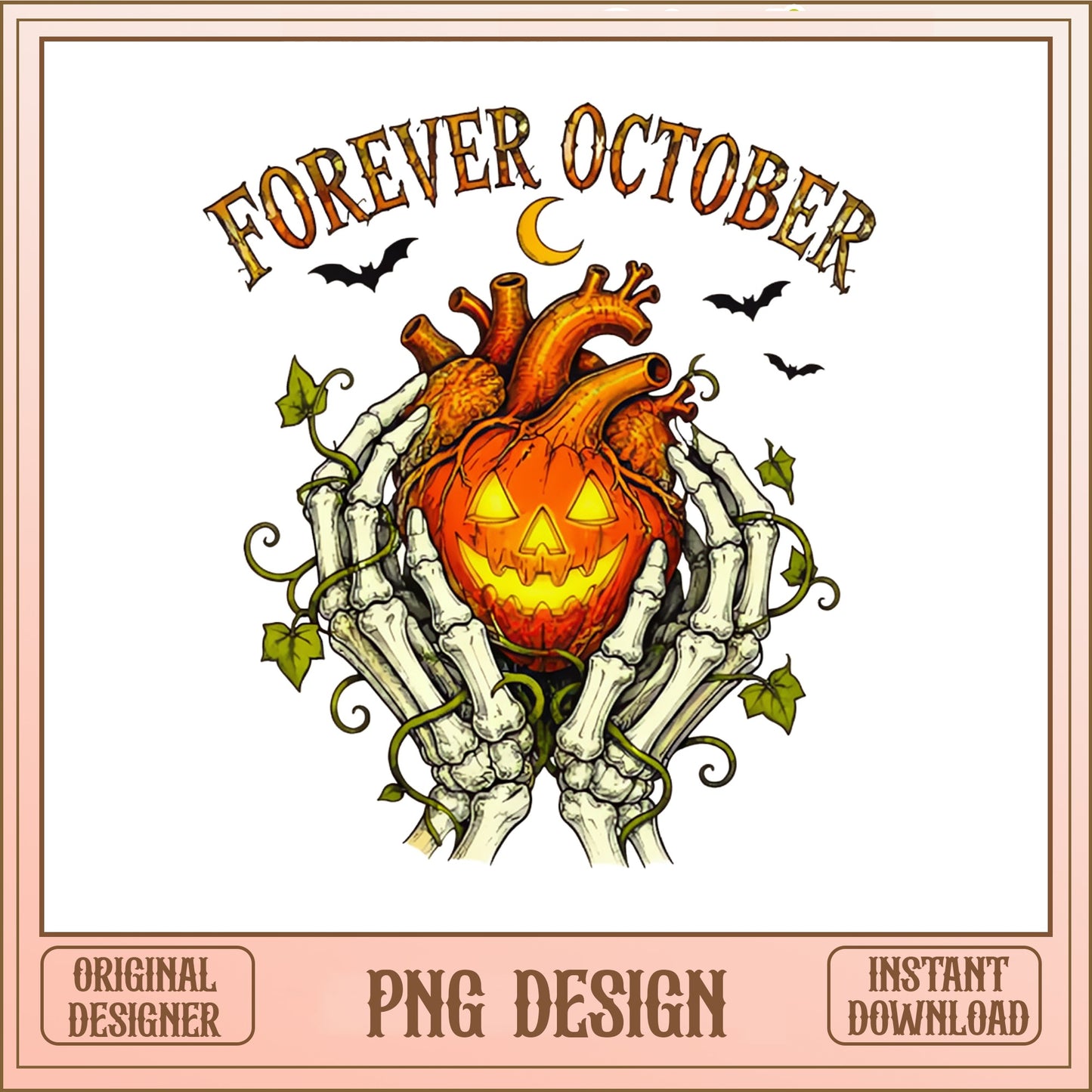 Forever October Halloween PNG, Skeleton Pumpkin Heart PNG, Spooky PNG
