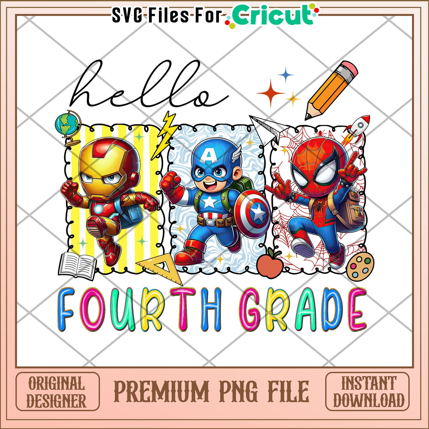 Fourth grade hello png, back to school png, avengers school png