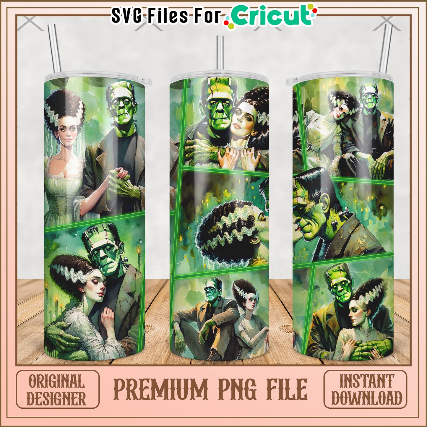 Frankenstain and wife tumbler png, halloween cartoon png, halloween tumbler png