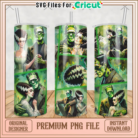Frankenstain and wife tumbler png, halloween cartoon png, halloween tumbler png