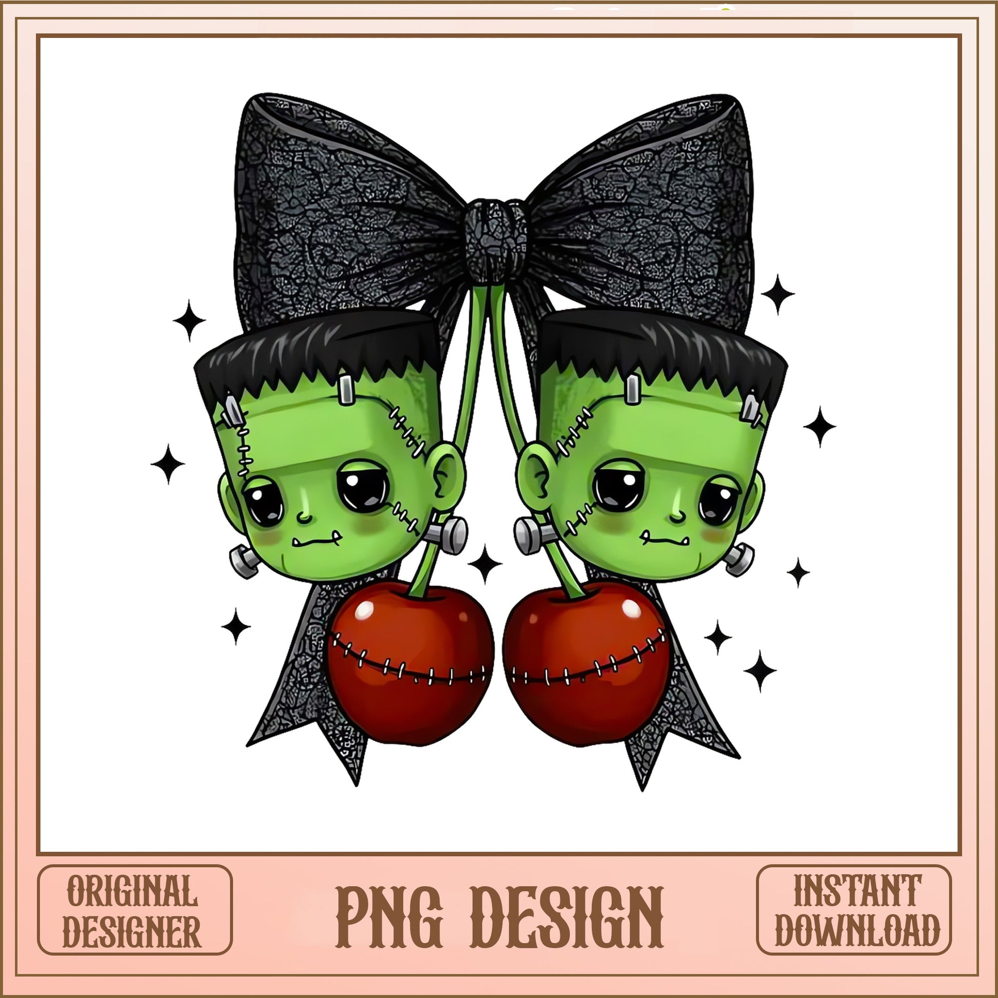 Frankenstein Cherry Bow Halloween PNG, Cute Monster PNG, Halloween PNG