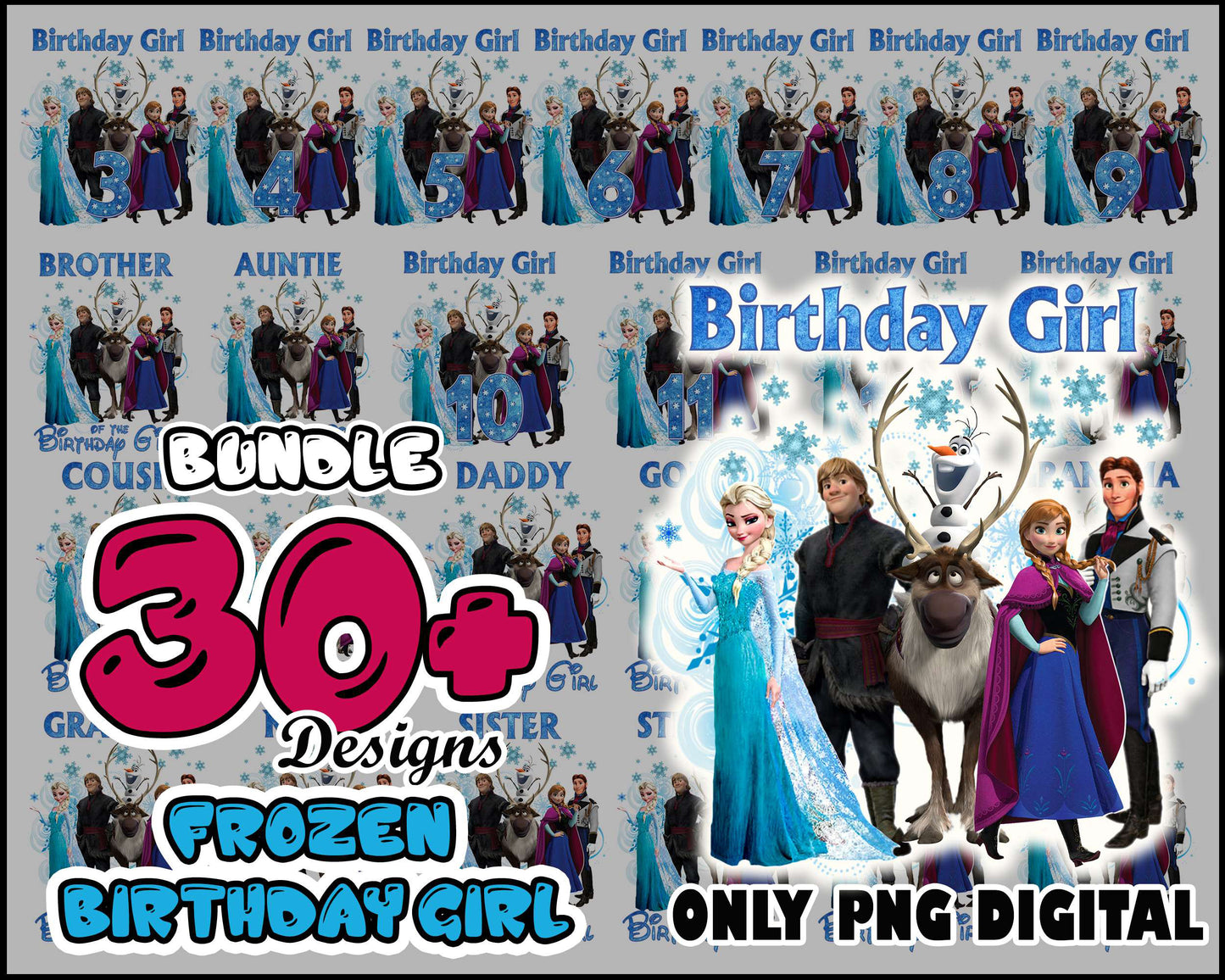 Frozen characters birthday girl bundle png, happy birthday frozen​ png