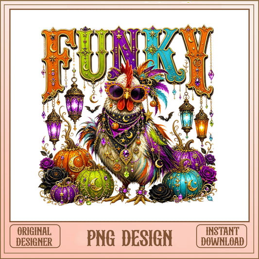Funky Halloween Chicken PNG, Boho Rooster Pumpkin PNG, Spooky PNG
