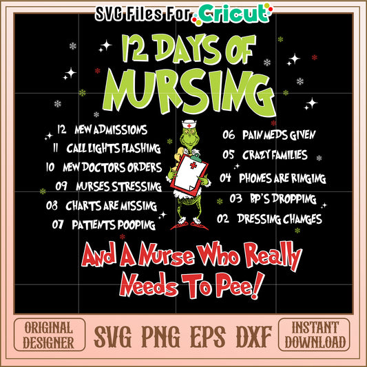 Funny 12 Days of Nursing SVG Design for Christmas Crafts and Gifts
