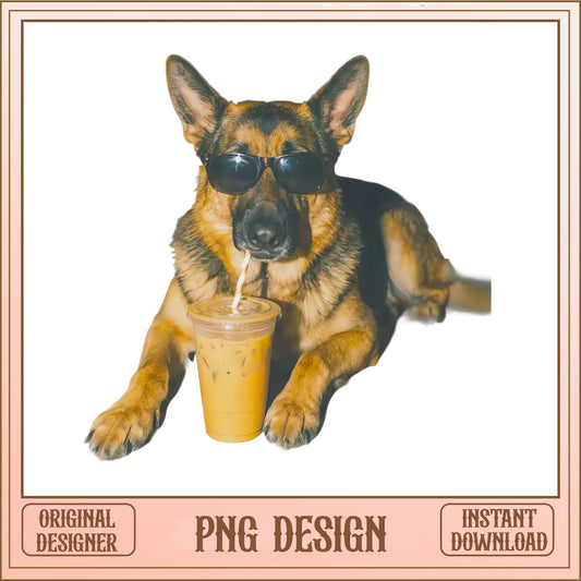 German Shepherd Iced Coffee PNG, Funny Dog PNG, Cool Dog PNG