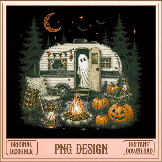 Ghost Camper Halloween PNG, Spooky Camping Pumpkin, Retro Halloween PNG