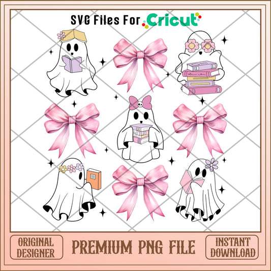 Ghost and pink bow halloween png, ghost png, halloween png