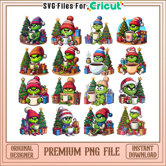 Grinch coffee with christmas tree bundle png, grinch drinking coffee​ png