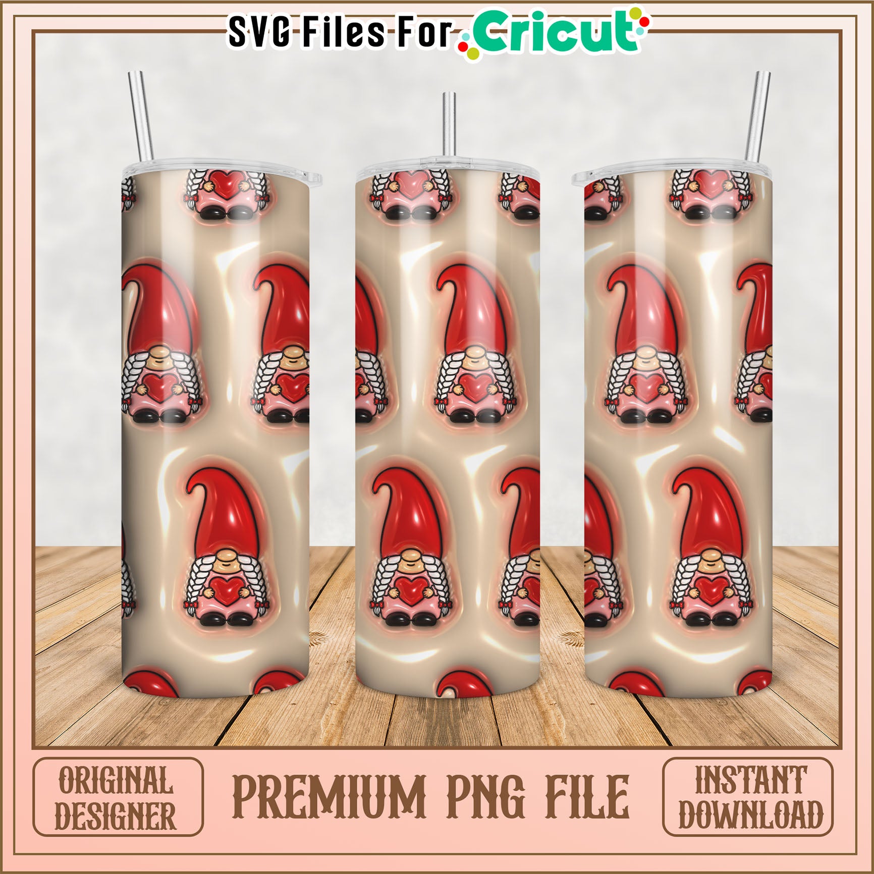 Gnome Pattern Tumbler Design PNG for Cricut Crafts Downloadable File