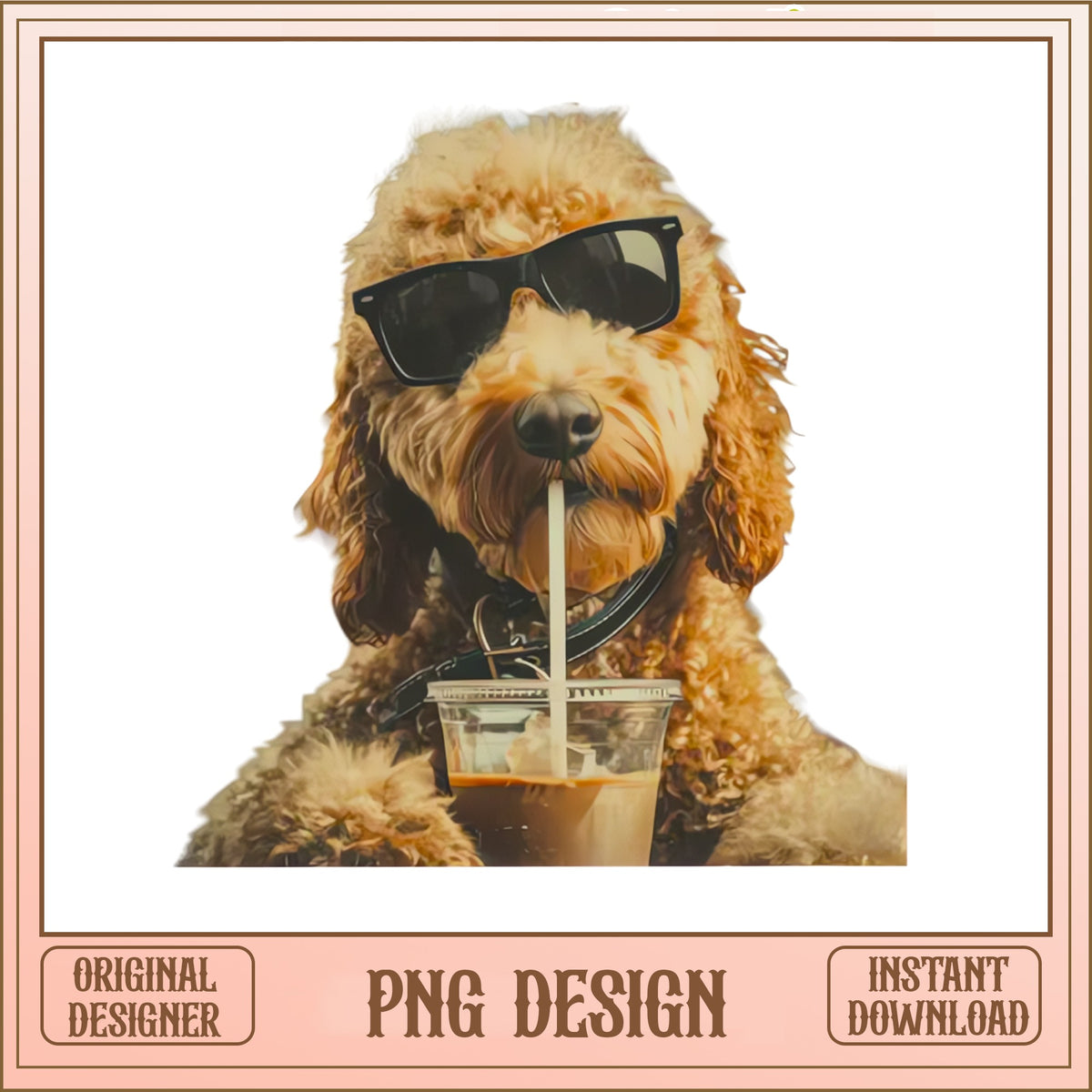 Goldendoodle Iced Coffee PNG, Cool Dog Sunglasses PNG, Dog Clipart PNG
