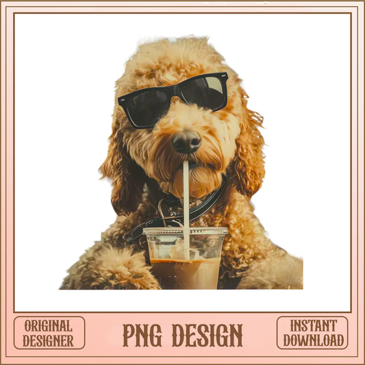 Goldendoodle Iced Coffee PNG, Cool Dog Sunglasses PNG, Dog Clipart PNG