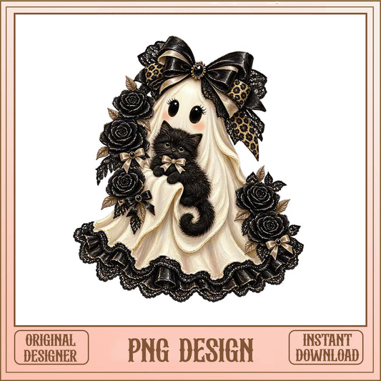 Gothic Ghost Black Cat PNG, Halloween Coquette Ghost, Floral Ghost PNG