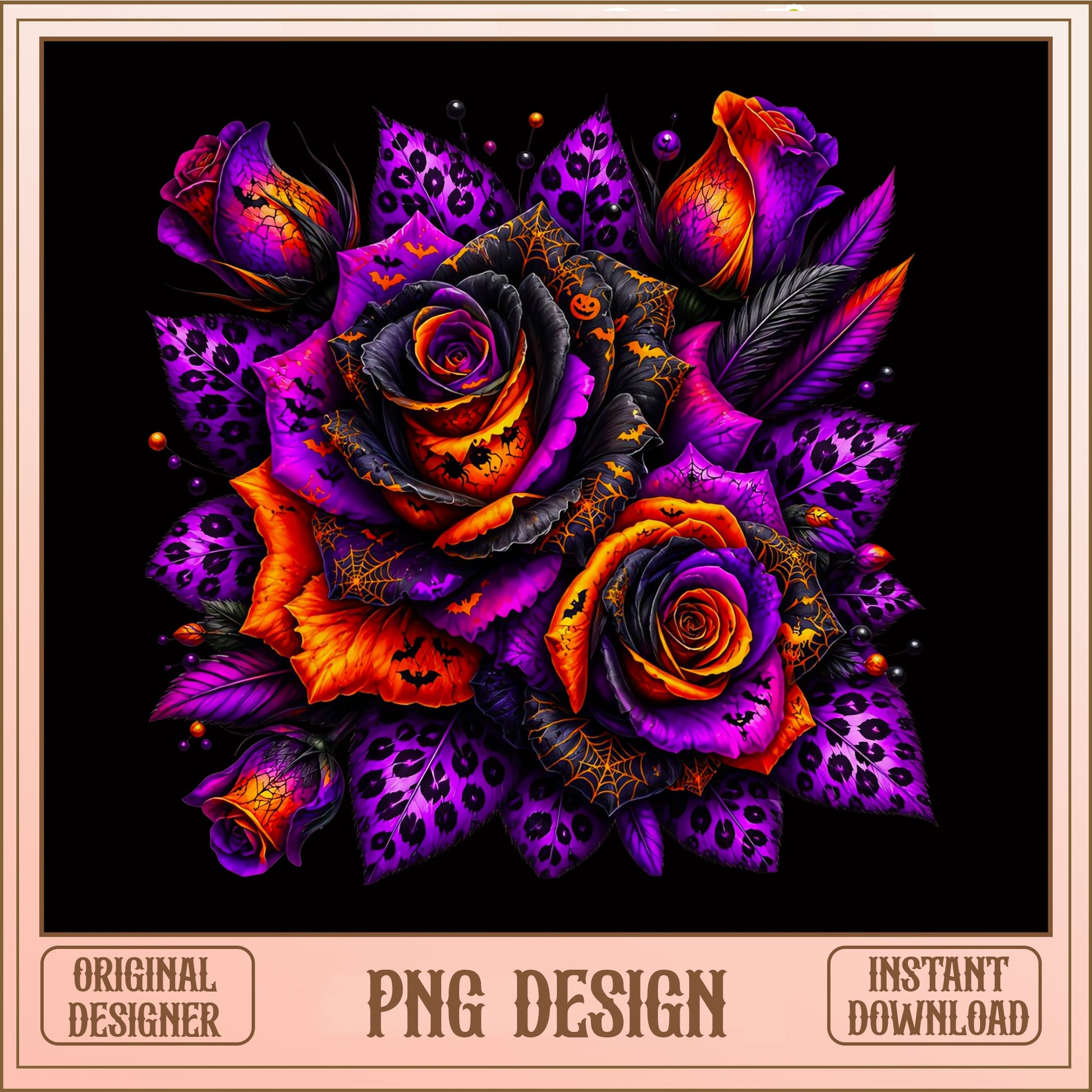 Gothic Halloween Roses PNG, Spooky Leopard Floral Clipart PNG, Bat Bouquet PNG