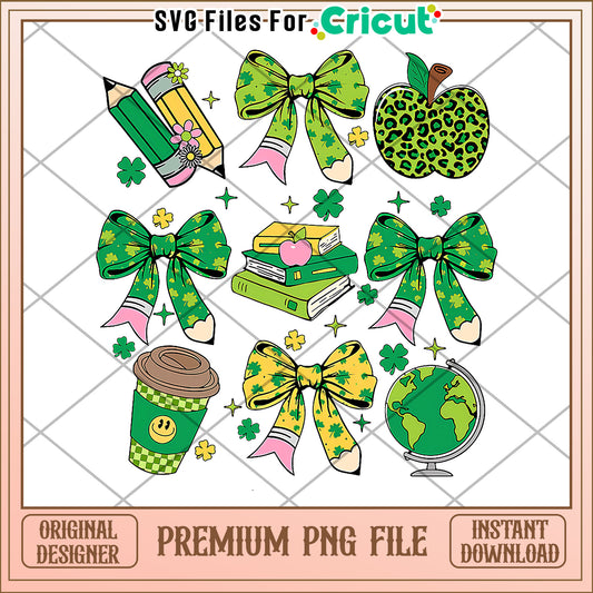 Green apple school items png, cute stationery design png, back to school items png