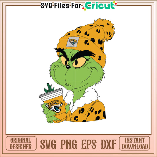 Grinch Character SVG Design with Coffee and Hat