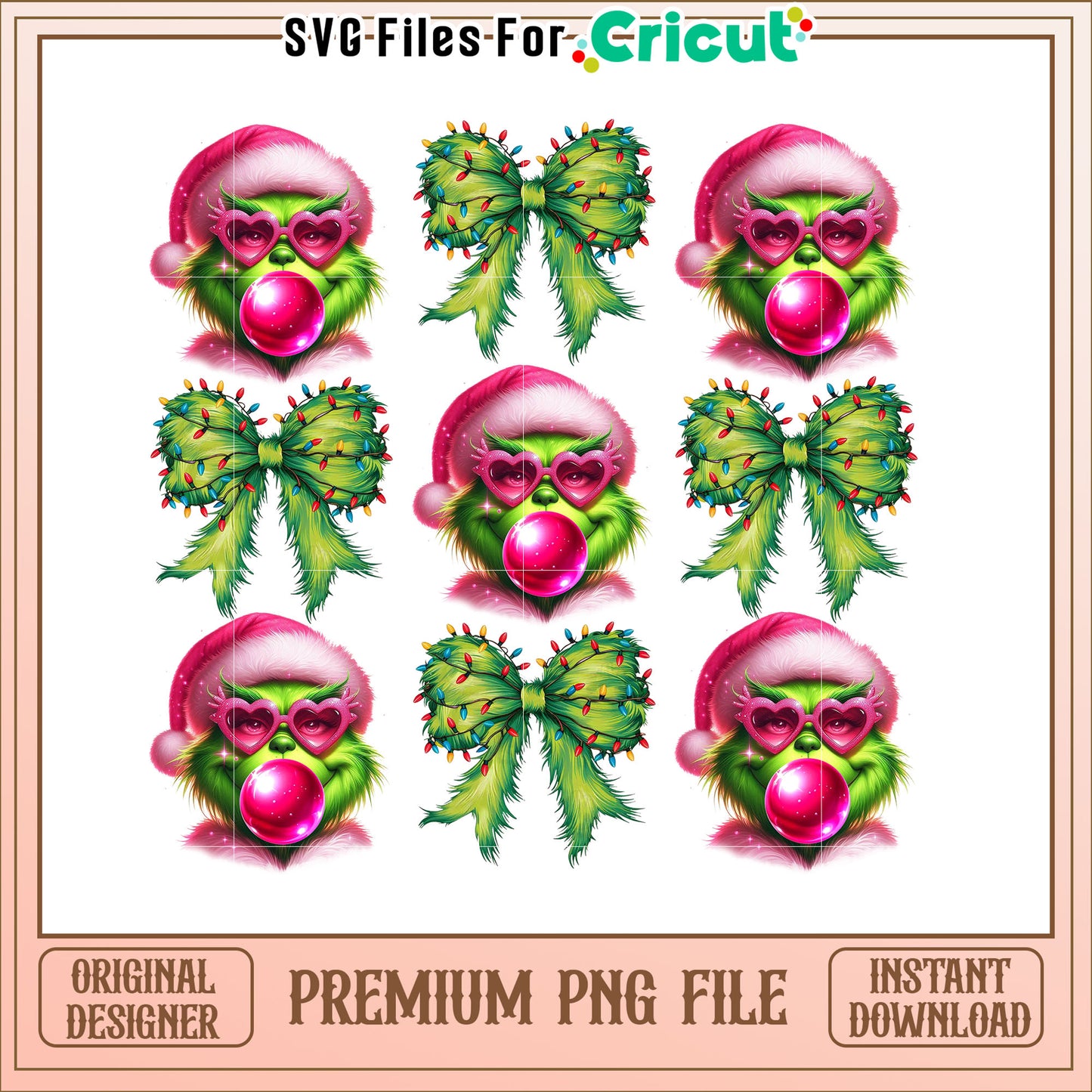 Grinch Christmas PNG Pink Bow & Bubble Gum