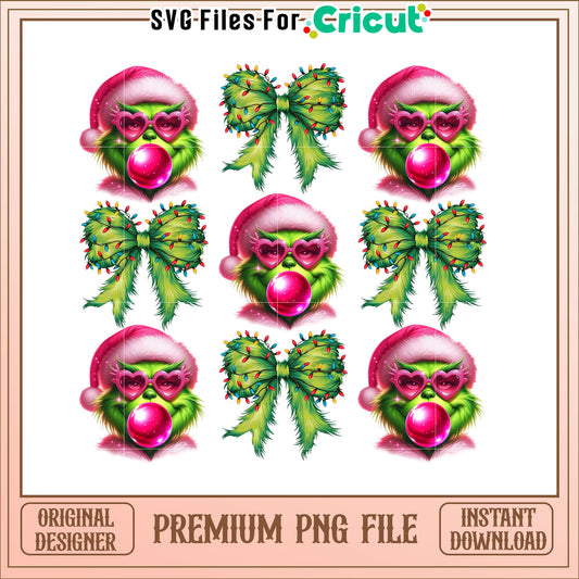 Grinch Christmas PNG Pink Bow & Bubble Gum