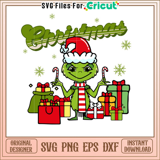 Grinch Christmas SVG Graphic with Gifts and Candy Canes
