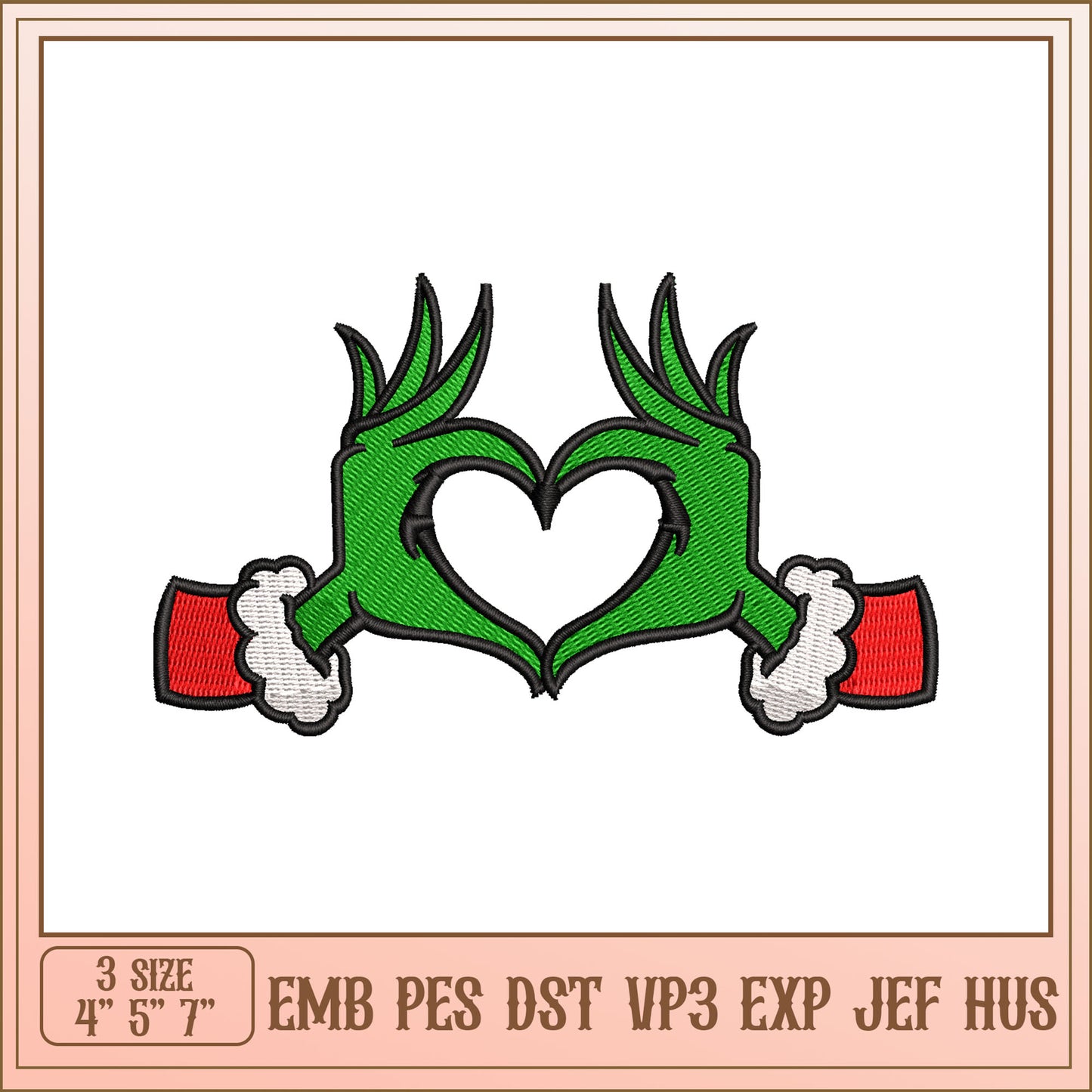 Grinch Heart Hands Embroidery Design
