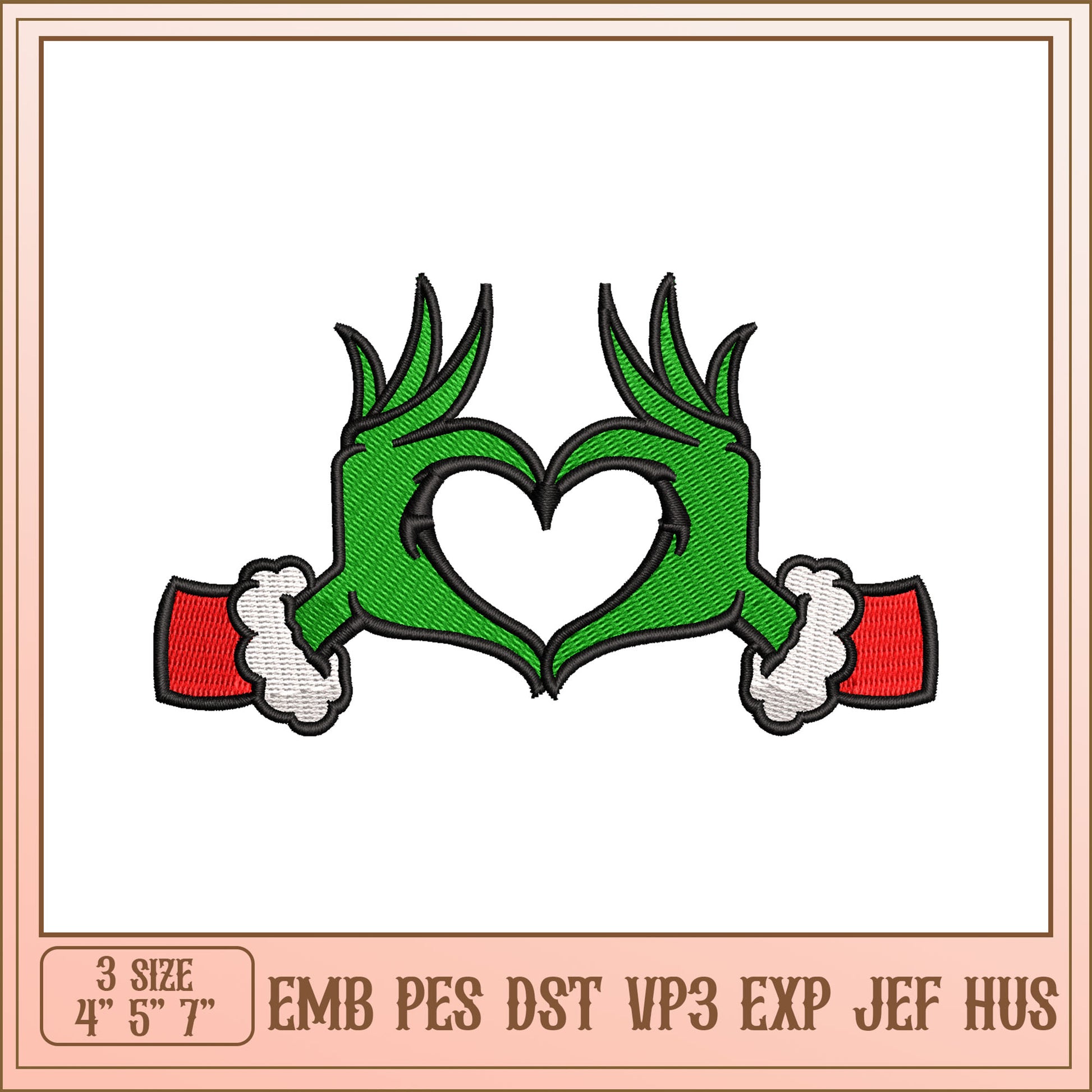 Grinch Heart Hands Embroidery Design