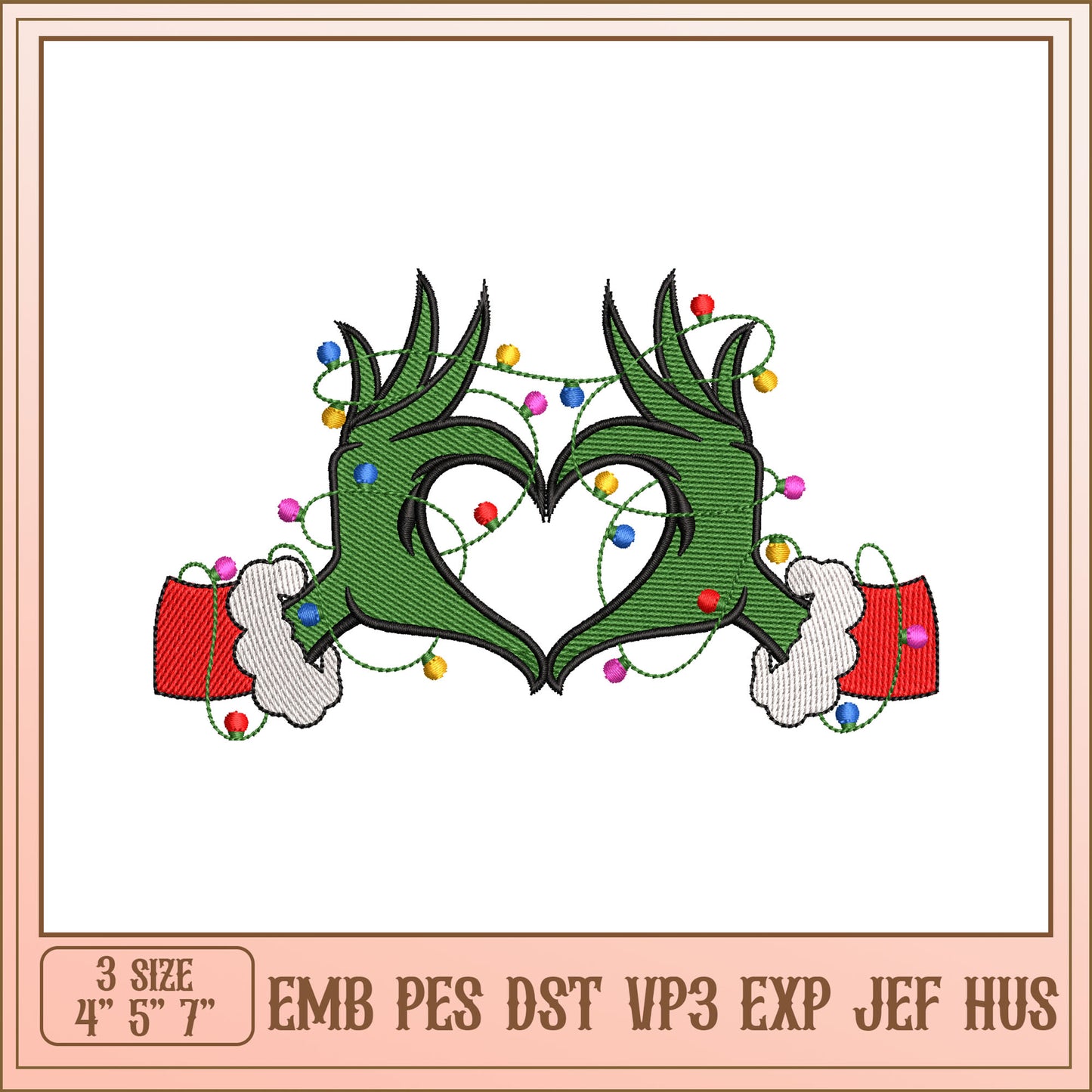 Grinch Heart Lights Embroidery Design