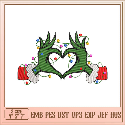 Grinch Heart Lights Embroidery Design