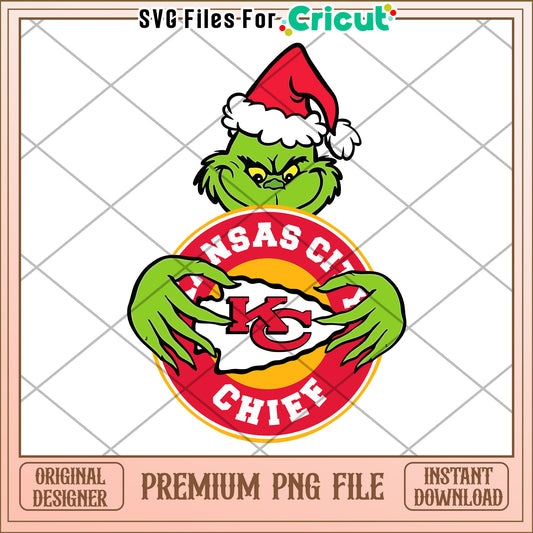 Grinch Holding Kansas City Chiefs Logo, Fun Christmas Design PNG