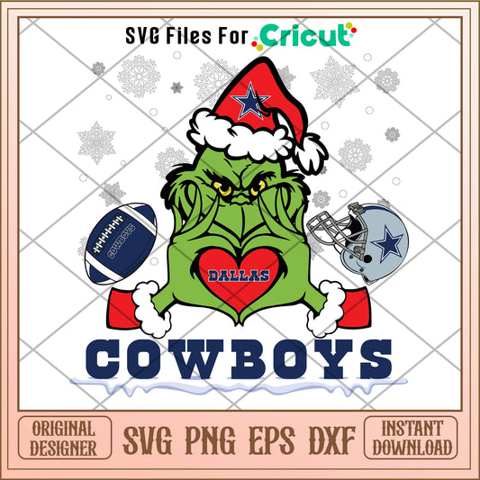 Grinch Love Dallas Cowboys Football Helmet SVG, grinch heart​ svg