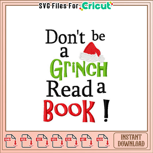 Grinch Read a Book Embroidery Design Instant Download