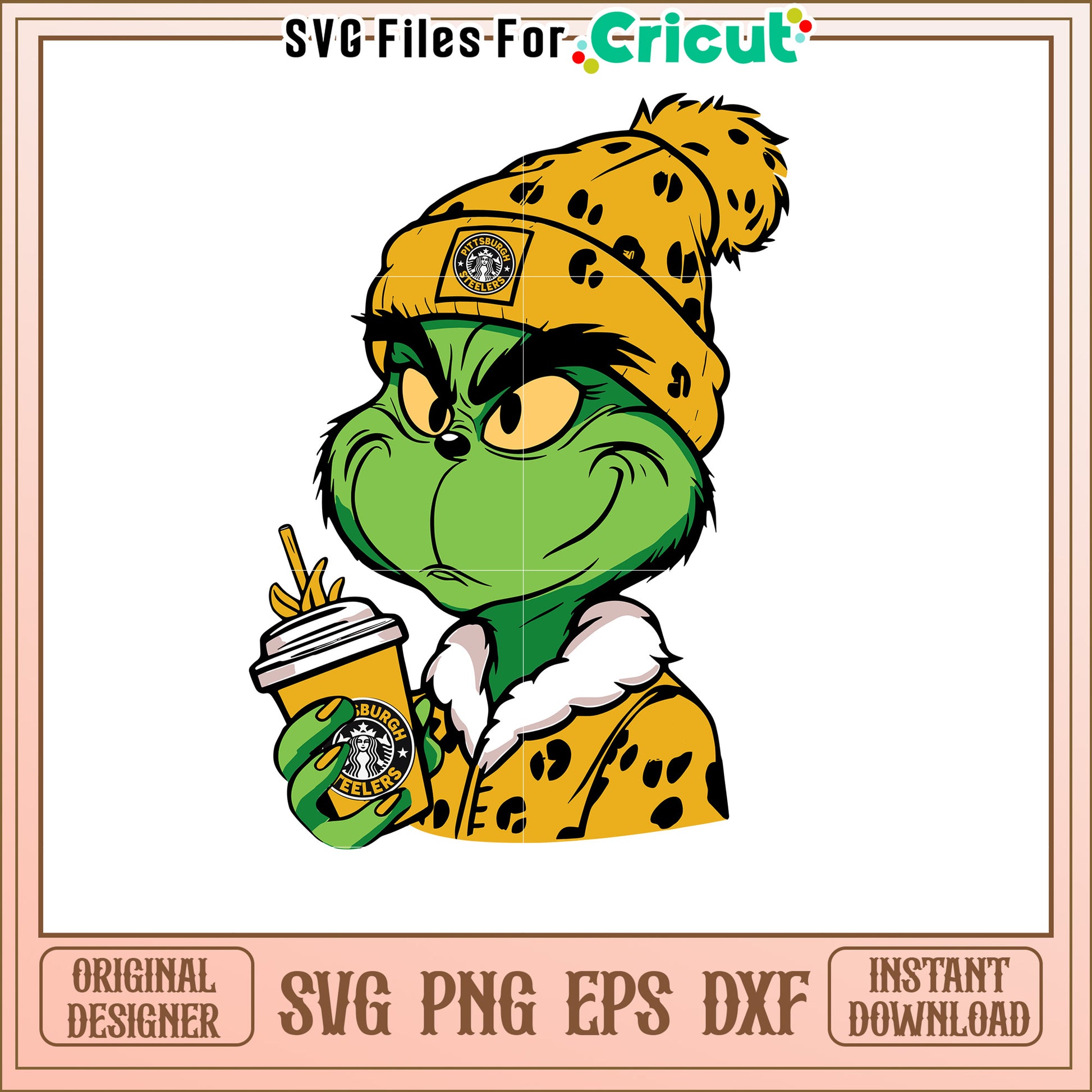 Grinch SVG with Pittsburgh Steelers Coffee Fun Design