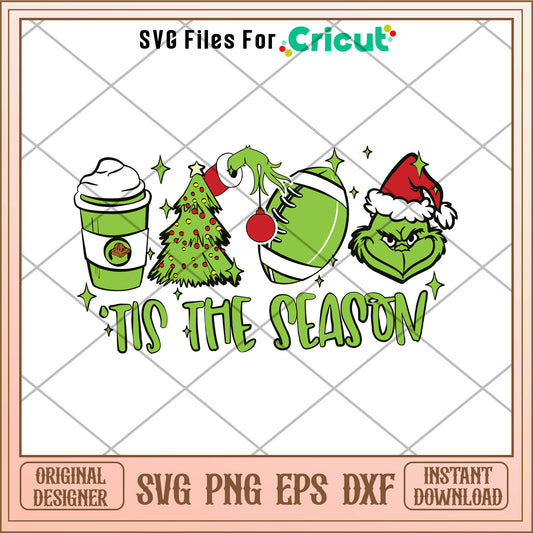 Grinch Tis The Season Football SVG, christmas green​ svg