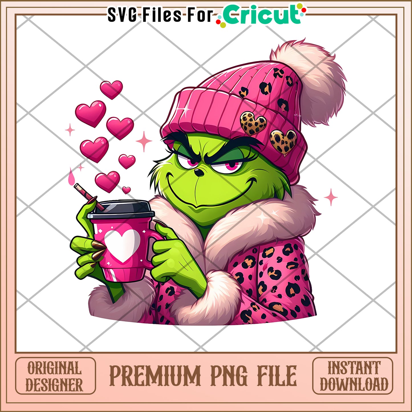 Grinch Wearing Pink Hat and Cozy Sweater PNG File