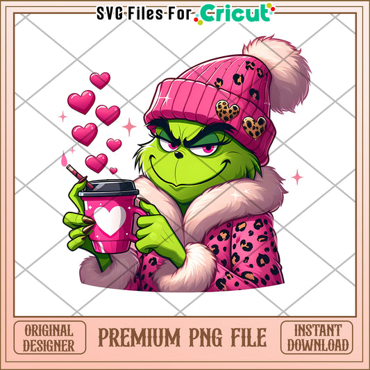 Grinch Wearing Pink Hat and Cozy Sweater PNG File