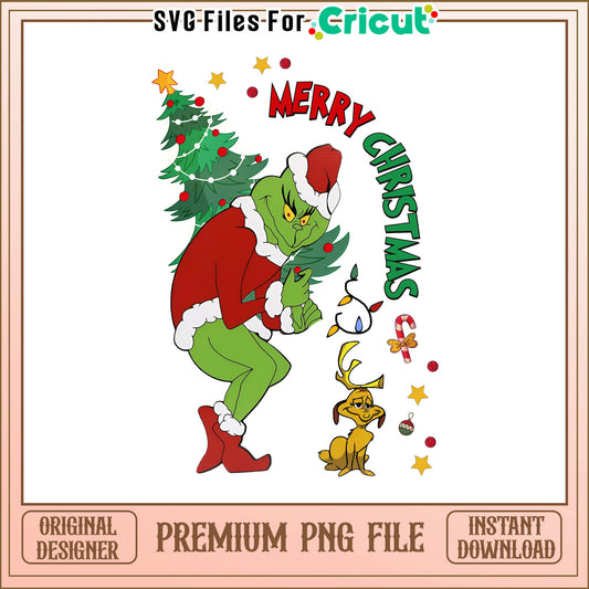 Grinch carry merry christmas tree png, grinch and dog christmas png