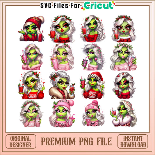 Grinch girl red and pink bundle png, cute grinch clipart​ png