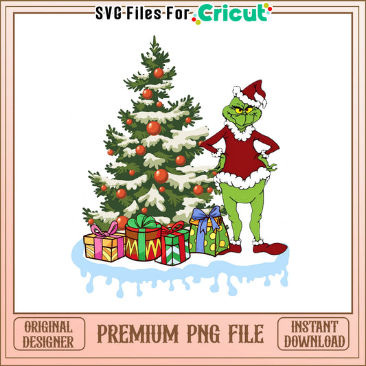 Grinch with Christmas tree png, christmas tree and giftbox png