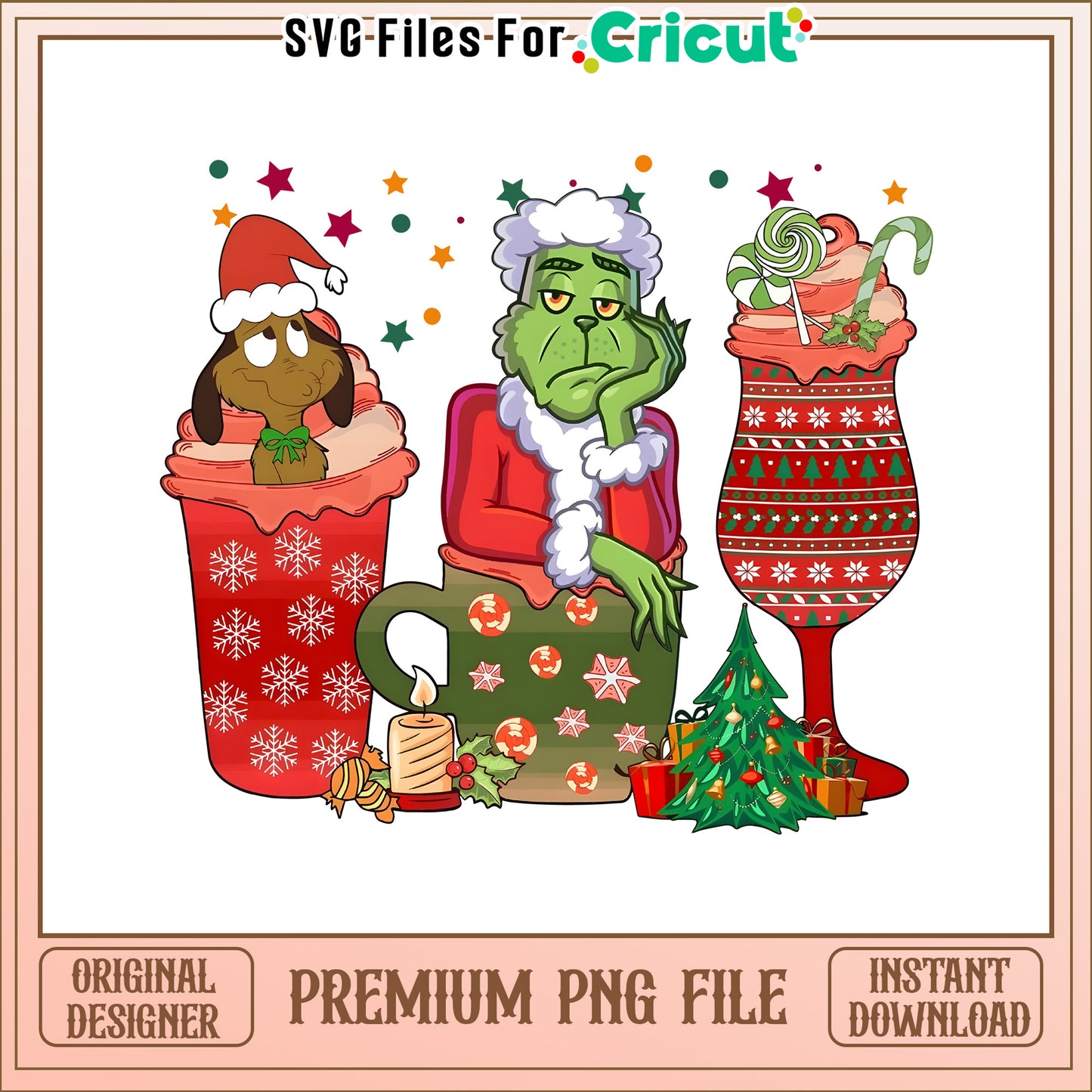 Grinch and dog max cup cartoon png, grinch holding coffee cup​ png