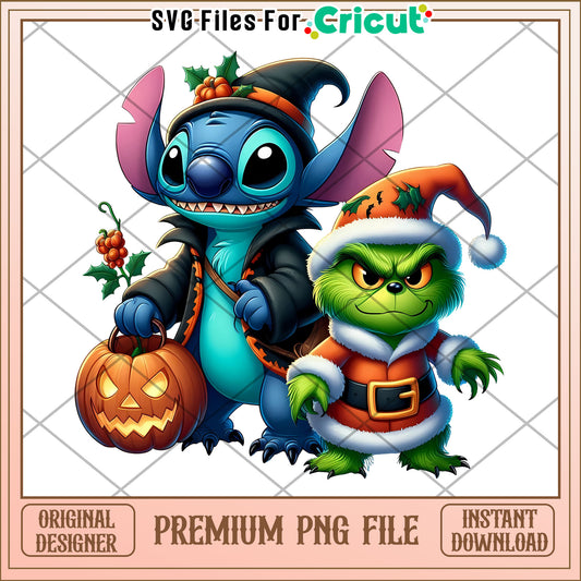 Grinch and stitch halloween png, halloween for kids png, stitch cartoon png