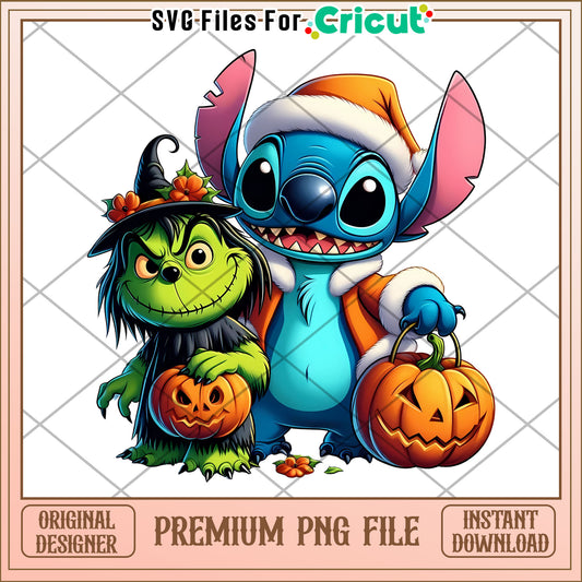 Grinch and stitch png, halloween for kids png, stitch cartoon png