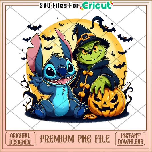 Grinch and stitch witch png, halloween for kids png, stitch cartoon png