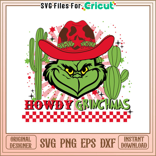 Grinch head howdy cowboy christmas svg, cartoon grinch​​ svg