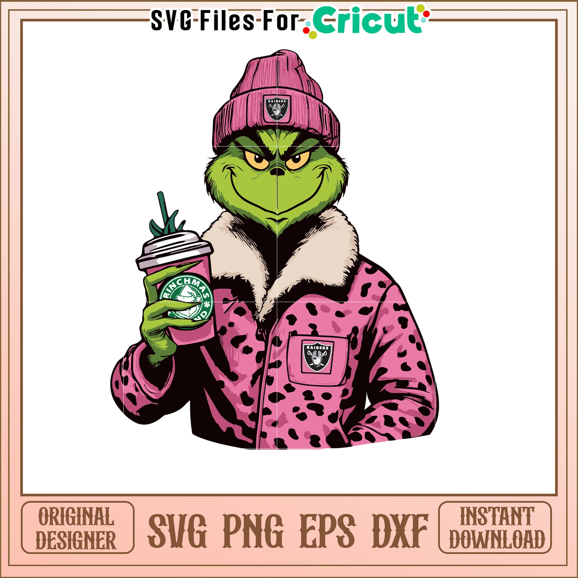 Grinch in Pink Leopard Jacket with Holiday Drink SVG Art