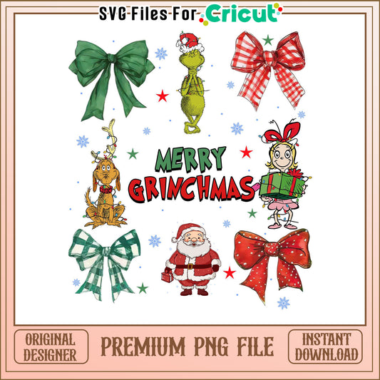Grinchmas Characters and Bows PNG File for Christmas Crafts, Instant Download Design