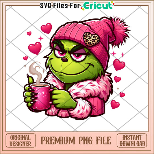 Grinch with Coffee Cute Valentine PNG for Cricut Design