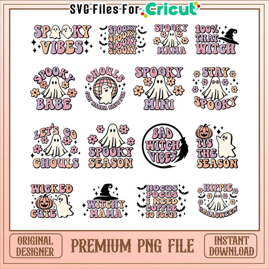 Retro spooky mama halloween bundle png, cute ghost cartoon​ png