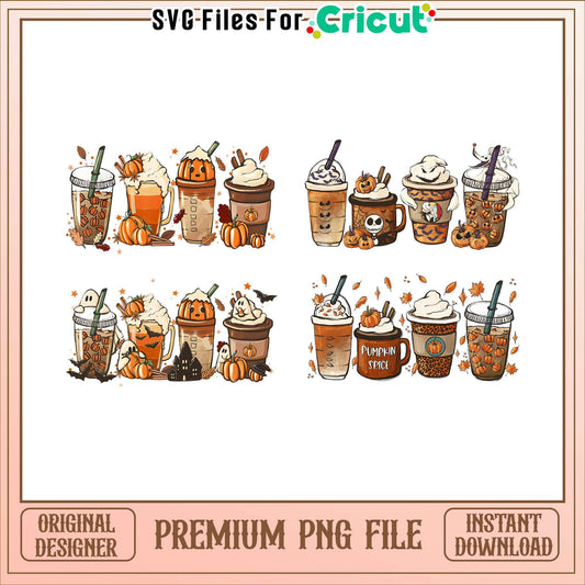 Pumpkin halloween coffee cup bundle png, halloween coffee cups​ png